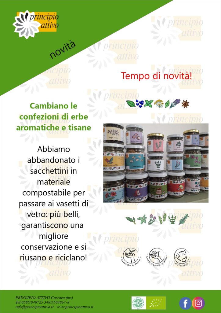 Cambiano le confezioni di erbe aromatiche e tisane, vasetti di vetro: garantiscono una migliore conservazione e si riusano e riciclano!